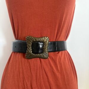 Adrienne Landau Studio Black Croc Embossed Leather Belt Bronze Buckle Size L‎